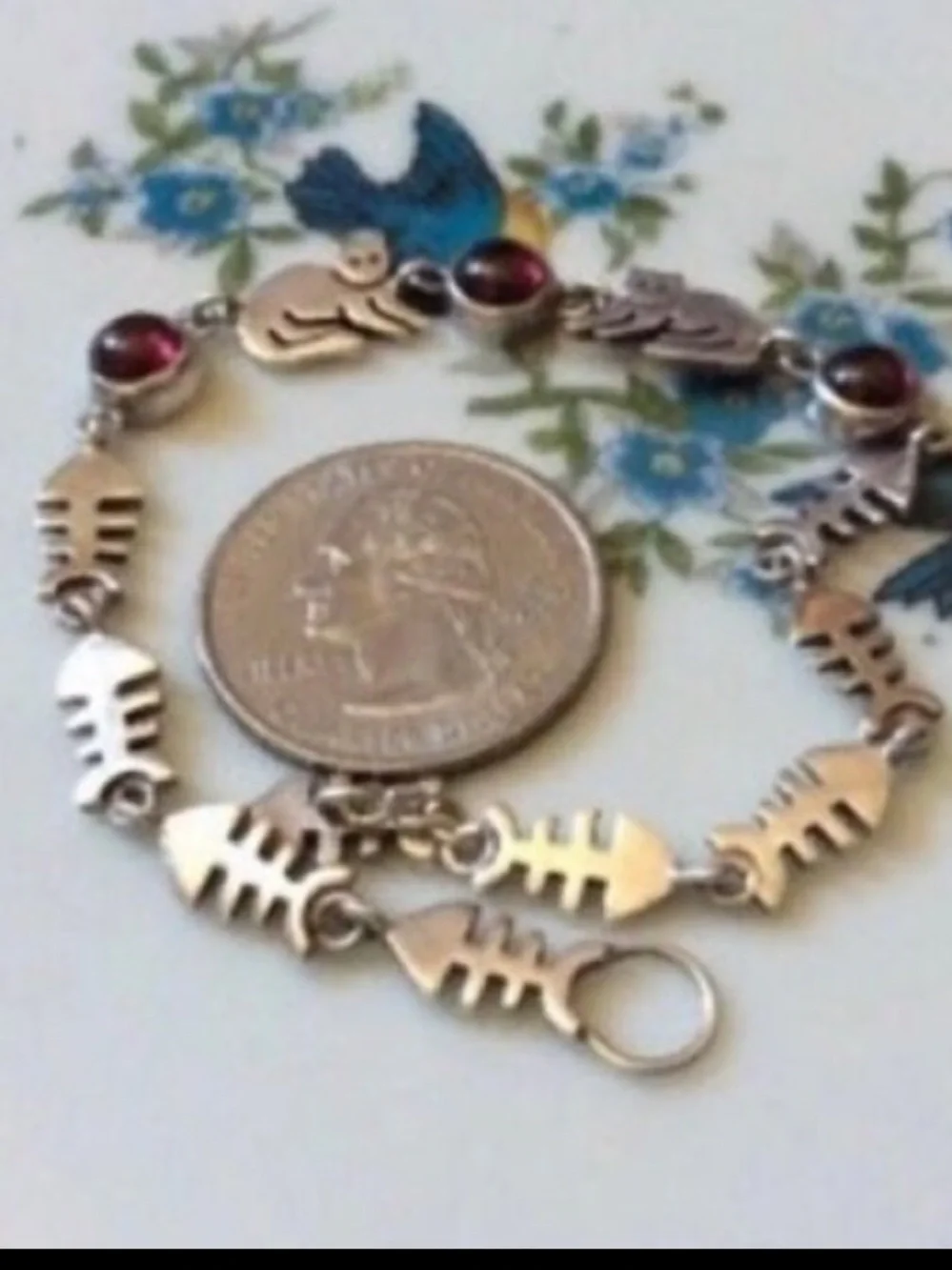 Vintage Fish bones cat garnet gemstone link bracelet sterling silver 925 - Picture 12 of 16